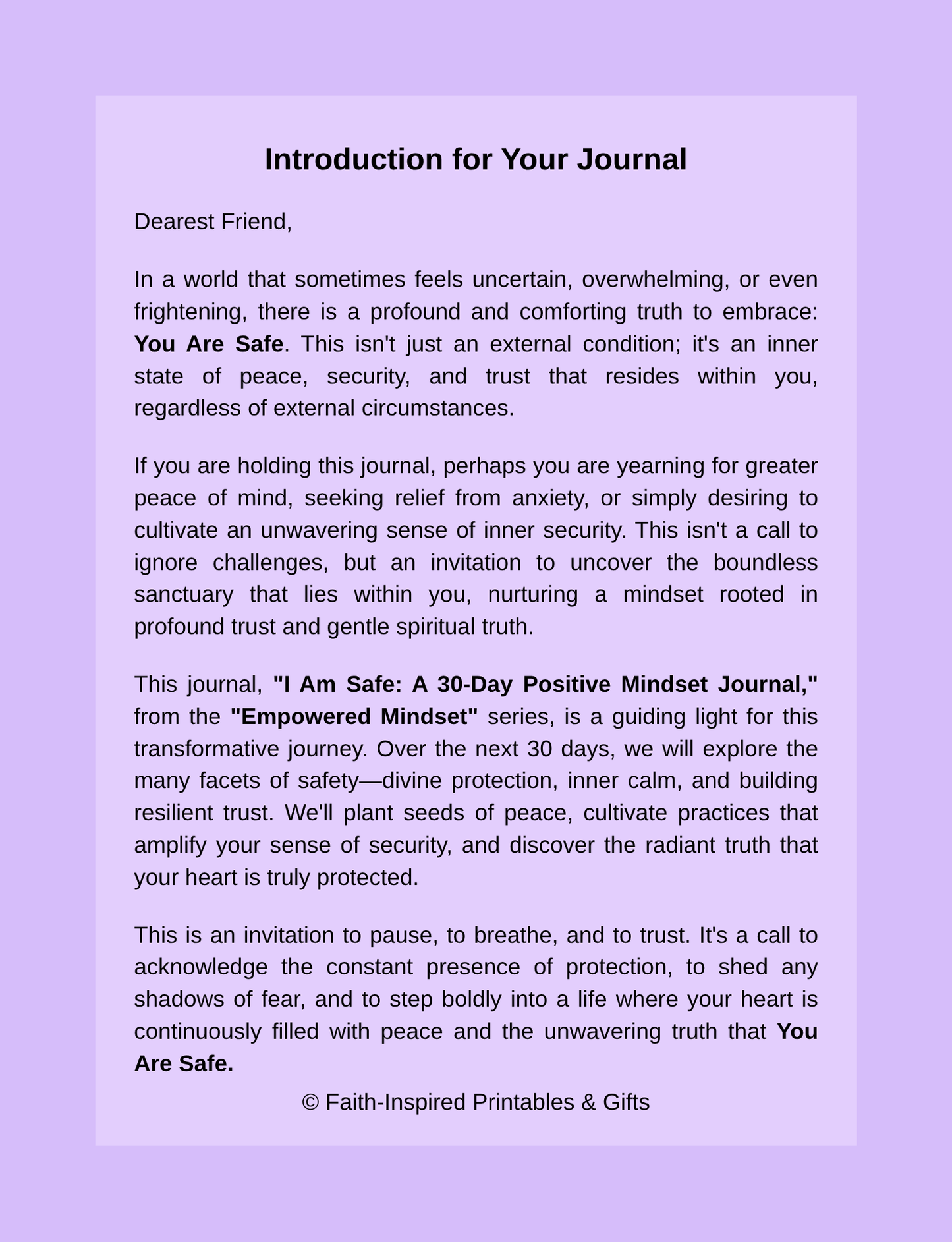 I Am Safe: A 30-Day Positive Mindset Journal (Empowered Mindset Series): A Daily Devotional & Guided Practice for Inner Peace, Security, and Trust Paperback