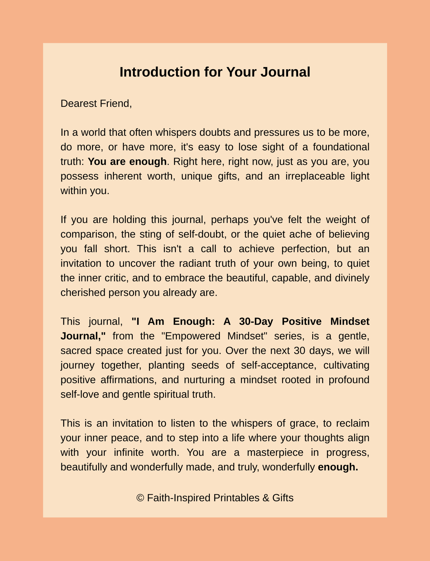 I Am Enough: A 30-Day Positive Mindset Journal to Cultivate Self-Worth, Confidence, and Grace Paperback