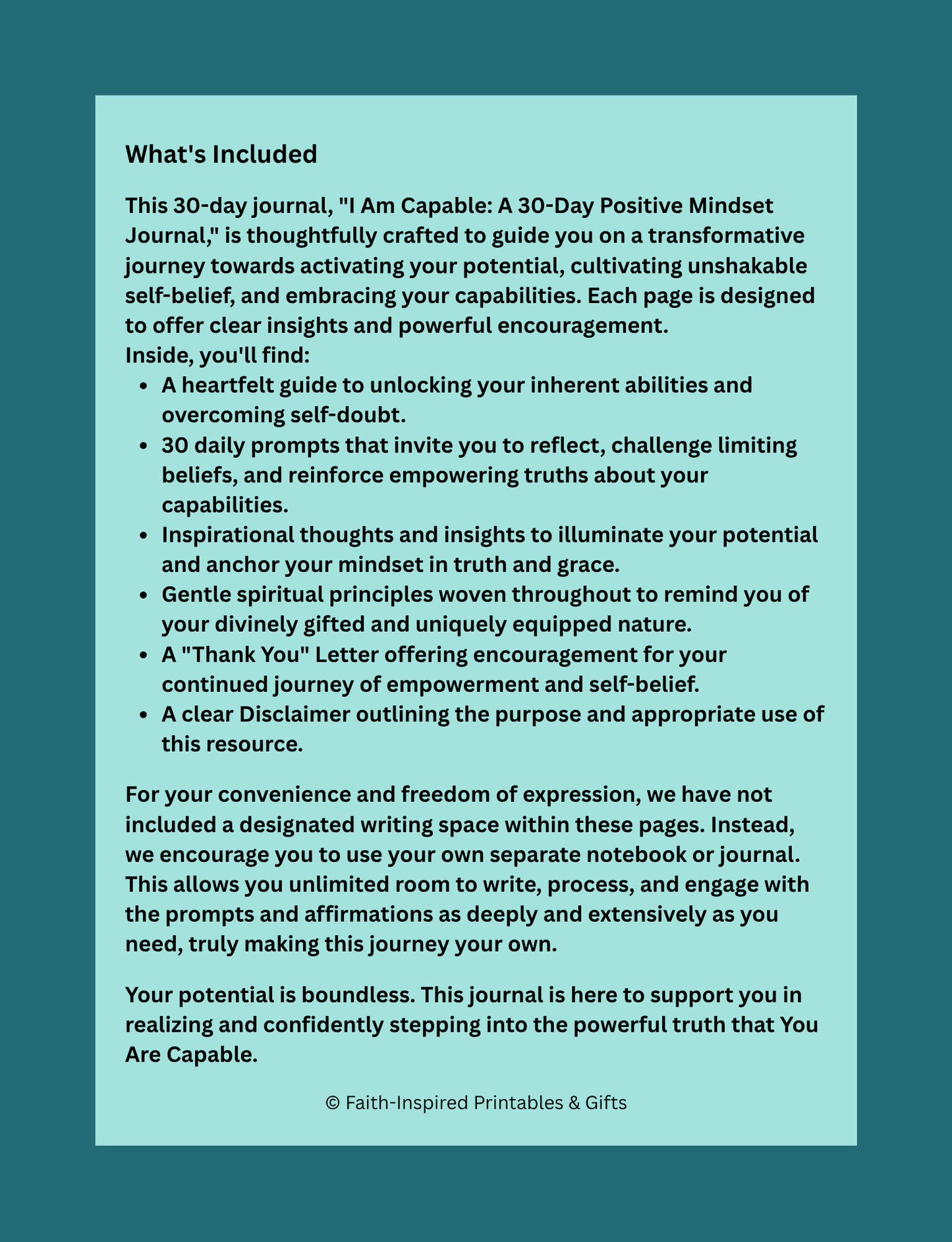 I Am Capable: A 30-Day Positive Mindset Journal: Unlocking Your Inner Potential, Overcoming Self-Doubt, and Cultivating Unshakable Self-Belief for Spiritual Growth Paperback