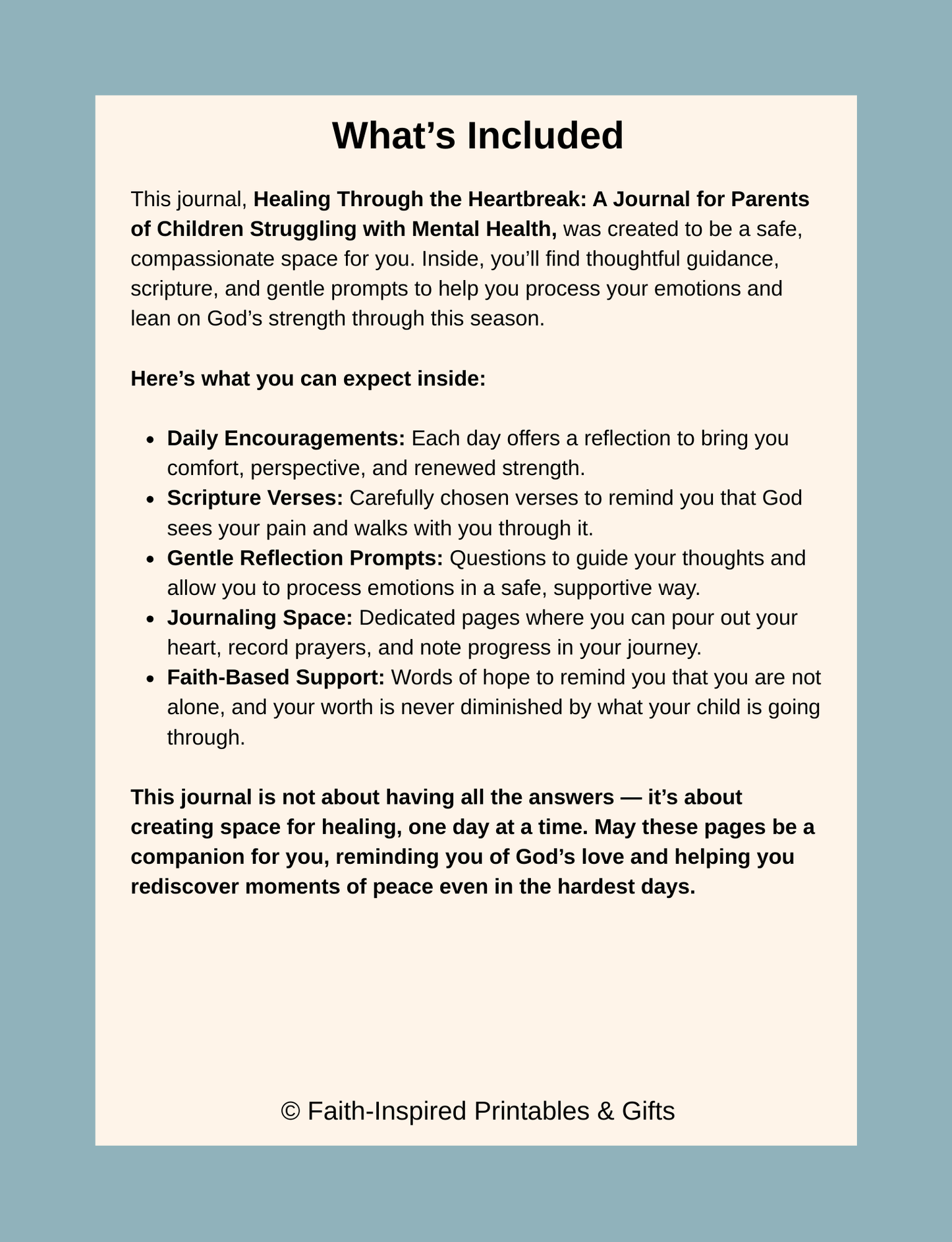 Healing Through the Heartbreak: A 30-Day Faith-Based Journal for Parents of Children Struggling with Mental Health Paperback
